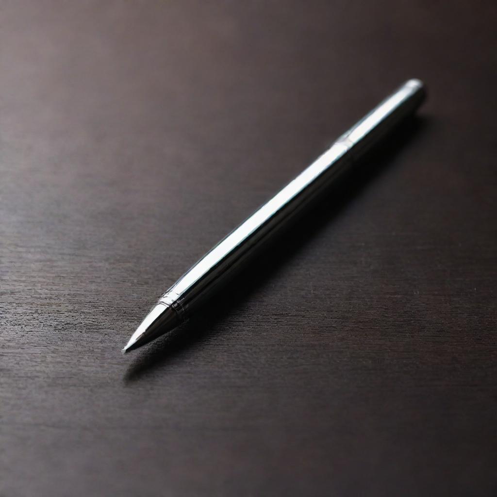 A highly detailed, sleek metallic pen placed on a dark wooden table, reflecting light.