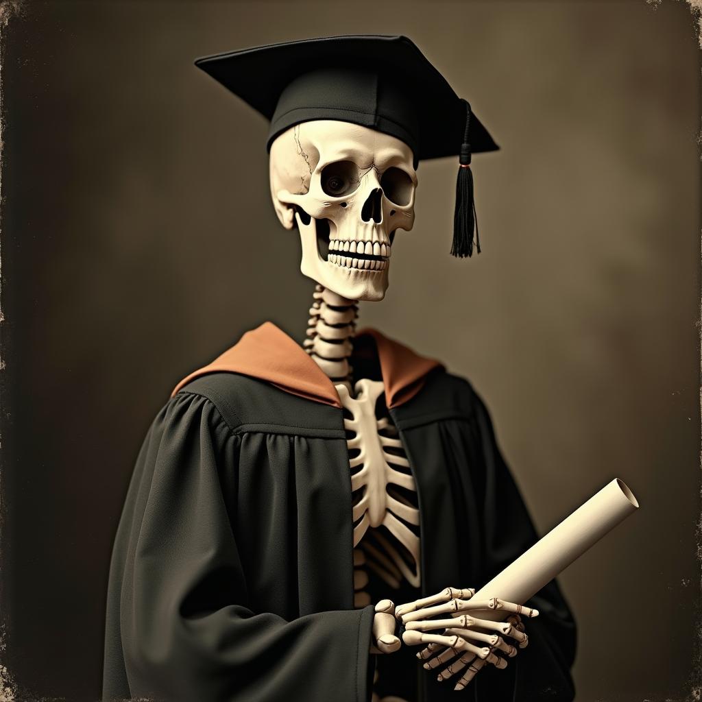 An antique portrait photograph of a skeleton elegantly dressed in a traditional graduation cap and gown