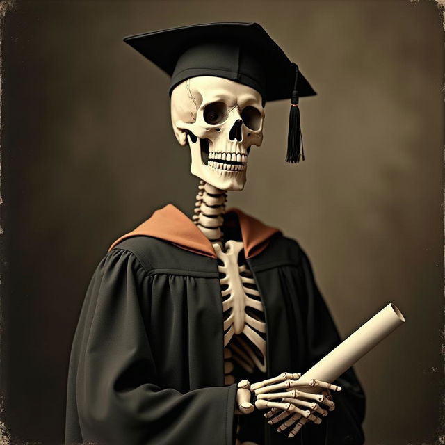 An antique portrait photograph of a skeleton elegantly dressed in a traditional graduation cap and gown