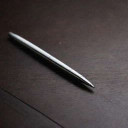 A highly detailed, sleek metallic pen placed on a dark wooden table, reflecting light.