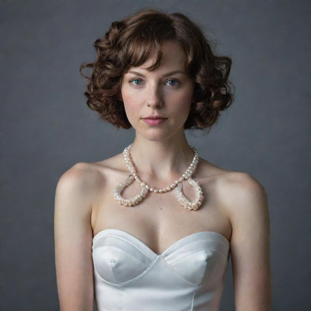 A faceless woman with short wavy hair, wearing a small pearl necklace on her neck, dressed in a white dress, and her arms are transformed into octopus tentacles.