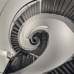 A spiral staircase with an operator standing on it.