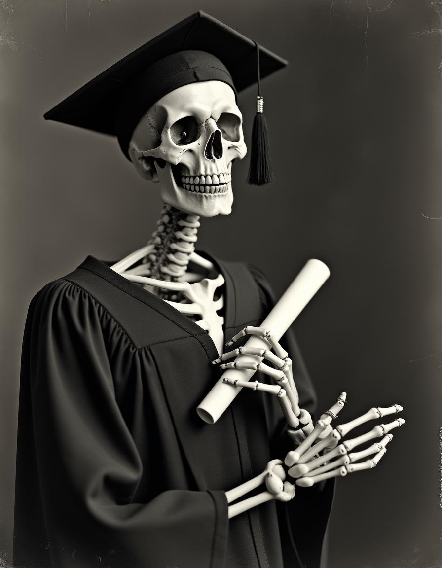 An antique black and white 1940s style portrait photograph of a skeleton wearing a traditional graduation cap and gown