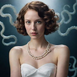 A faceless woman with short wavy hair, wearing a small pearl necklace on her neck, dressed in a white dress, and her arms are transformed into octopus tentacles.