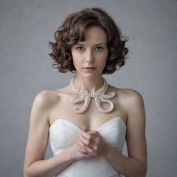 A faceless woman with short wavy hair, wearing a small pearl necklace on her neck, dressed in a white dress, and her arms are transformed into octopus tentacles.