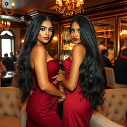 An elegant scene showcasing two attractive Indian women in their 20s, both with long flowing black hair and immaculate makeup, standing confidently in a high-class setting