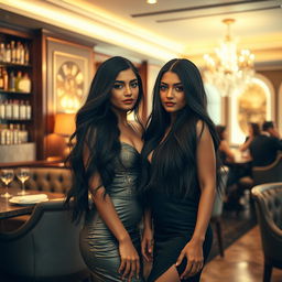 An elegant scene showcasing two attractive Indian women in their 20s, both with long flowing black hair and immaculate makeup, standing confidently in a high-class setting