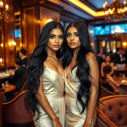 An elegant scene showcasing two attractive Indian women in their 20s, both with long flowing black hair and immaculate makeup, standing confidently in a high-class setting