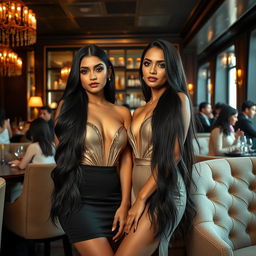 An elegant scene showcasing two attractive Indian women in their 20s, both with long flowing black hair and immaculate makeup, standing confidently in a high-class setting