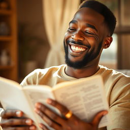 A heartwarming photograph of a joyful Black man, smiling widely as he gazes thoughtfully at an open Bible held in his hands