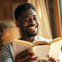 A heartwarming photograph of a joyful Black man, smiling widely as he gazes thoughtfully at an open Bible held in his hands