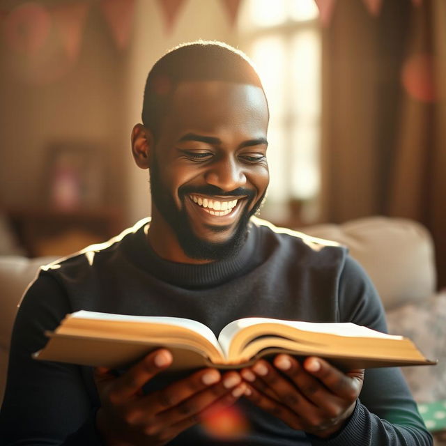 A heartwarming photograph of a joyful Black man, smiling widely as he gazes thoughtfully at an open Bible held in his hands