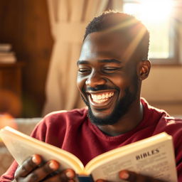 A heartwarming photograph of a joyful Black man, smiling widely as he gazes thoughtfully at an open Bible held in his hands