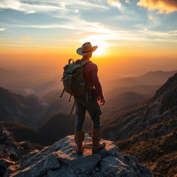 A daring adventurer standing on a mountain peak overlooking a vast, breathtaking landscape filled with rugged mountains, valleys, and a distant forest