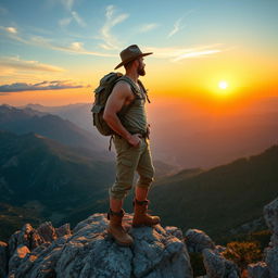 A daring adventurer standing on a mountain peak overlooking a vast, breathtaking landscape filled with rugged mountains, valleys, and a distant forest