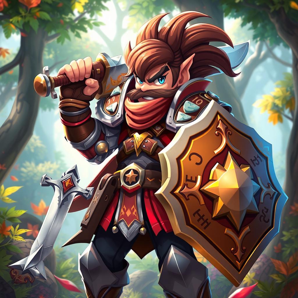 A dynamic adventurer character in a vibrant game art style, wearing intricately designed armor that blends medieval and fantasy elements