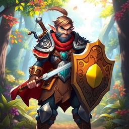 A dynamic adventurer character in a vibrant game art style, wearing intricately designed armor that blends medieval and fantasy elements