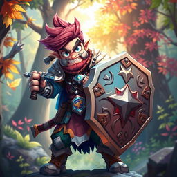 A dynamic adventurer character in a vibrant game art style, wearing intricately designed armor that blends medieval and fantasy elements