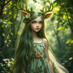 A whimsical portrait of a beautiful girl with green deer antlers, seamlessly blending with nature