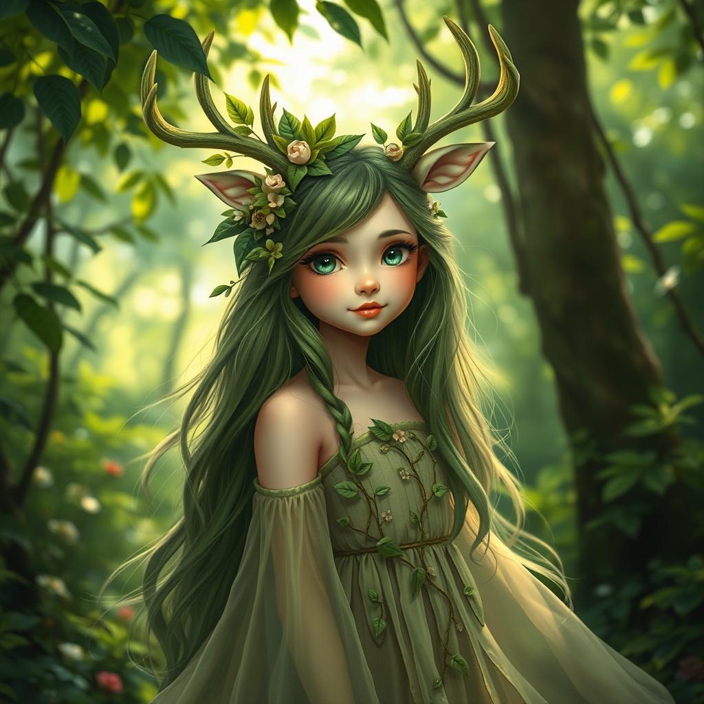 A whimsical portrait of a beautiful girl with green deer antlers, seamlessly blending with nature