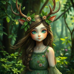 A whimsical portrait of a beautiful girl with green deer antlers, seamlessly blending with nature