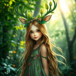 A whimsical portrait of a beautiful girl with green deer antlers, seamlessly blending with nature