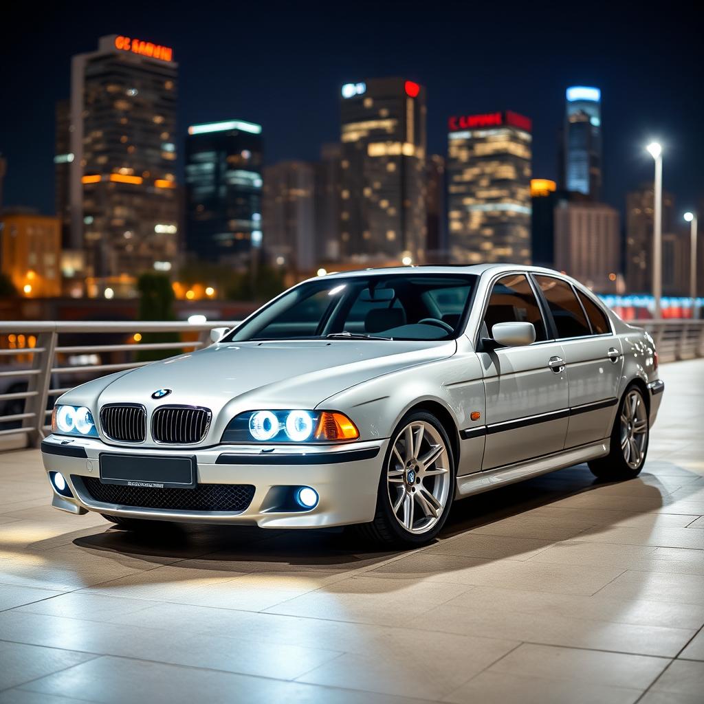 A sleek and elegant BMW E65 model parked in a modern urban environment