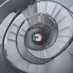 A spiral staircase with an operator standing on it.