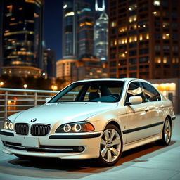 A sleek and elegant BMW E65 model parked in a modern urban environment