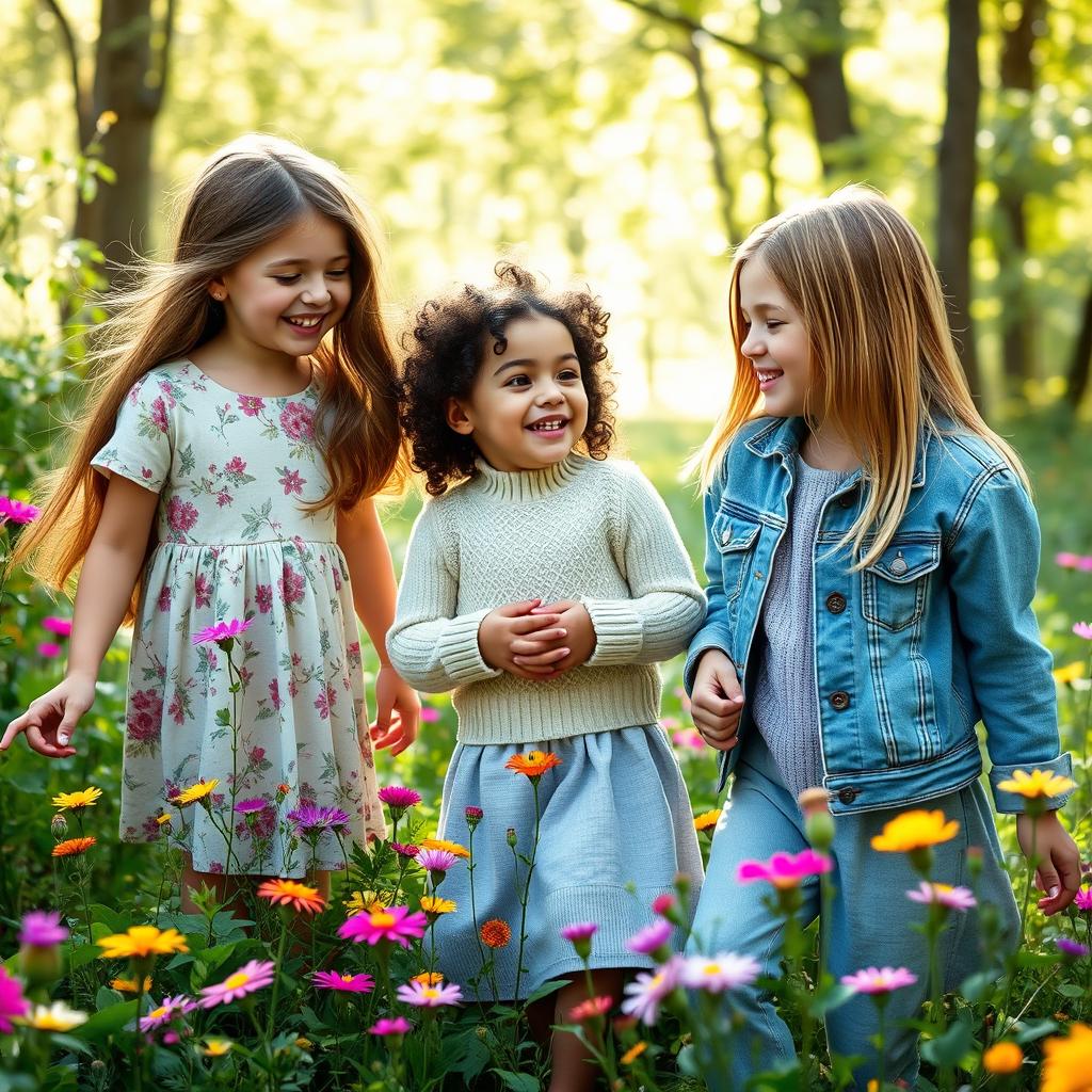 A serene outdoor scene featuring three dear girls in a lush forest setting