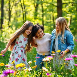 A serene outdoor scene featuring three dear girls in a lush forest setting