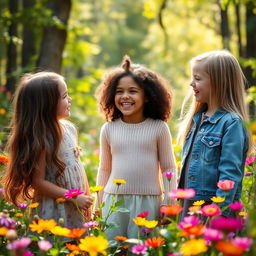 A serene outdoor scene featuring three dear girls in a lush forest setting