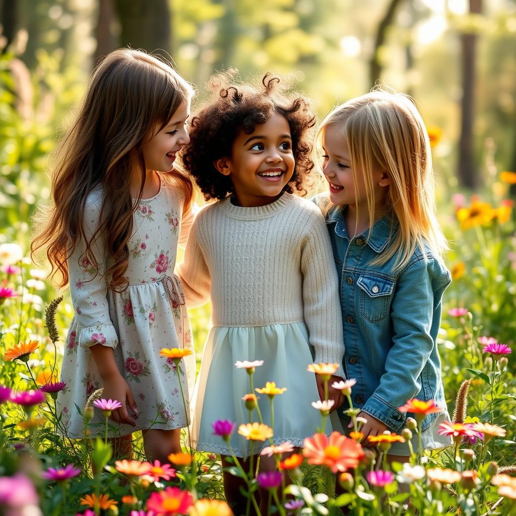 A serene outdoor scene featuring three dear girls in a lush forest setting