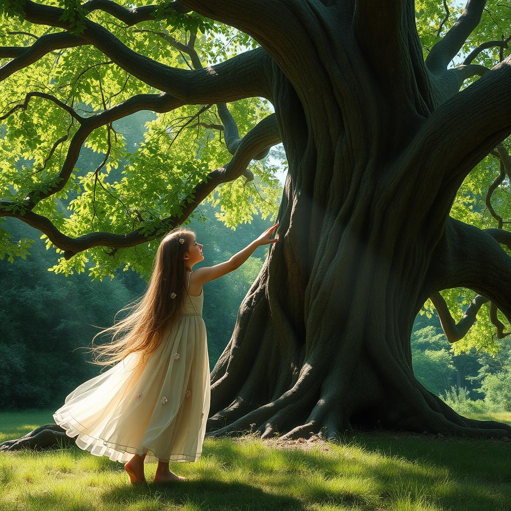 A serene and enchanting scene featuring a young girl with long flowing hair, gracefully interacting with a majestic tree in a lush, green forest