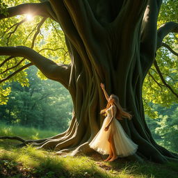 A serene and enchanting scene featuring a young girl with long flowing hair, gracefully interacting with a majestic tree in a lush, green forest