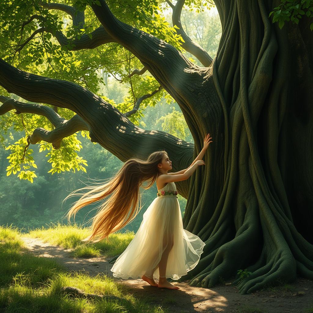 A serene and enchanting scene featuring a young girl with long flowing hair, gracefully interacting with a majestic tree in a lush, green forest