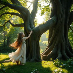 A serene and enchanting scene featuring a young girl with long flowing hair, gracefully interacting with a majestic tree in a lush, green forest