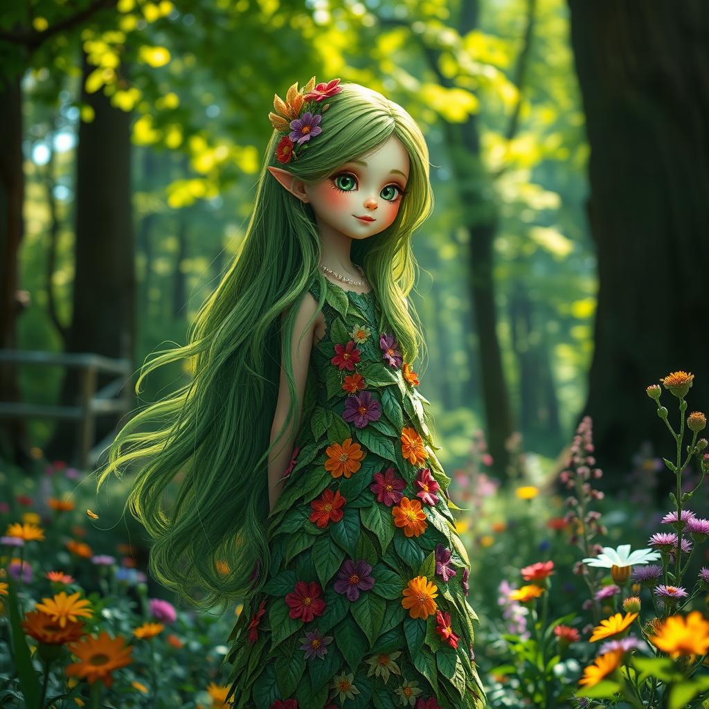 A picturesque scene featuring a girl with a whimsical, enchanting appearance, embodying the essence of nature