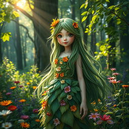 A picturesque scene featuring a girl with a whimsical, enchanting appearance, embodying the essence of nature