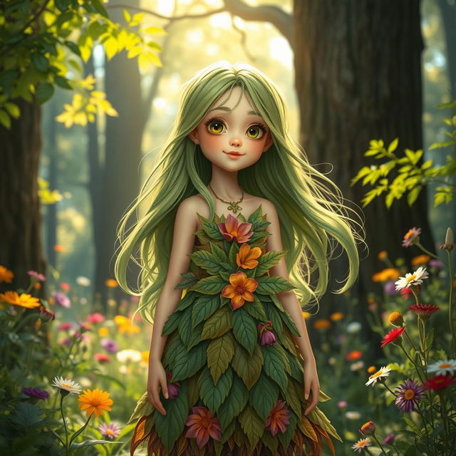 A picturesque scene featuring a girl with a whimsical, enchanting appearance, embodying the essence of nature