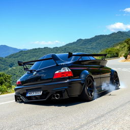 A stunning black gloss BMW E65, featuring an aggressive body kit designed for drifting