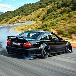 A stunning black gloss BMW E65, featuring an aggressive body kit designed for drifting