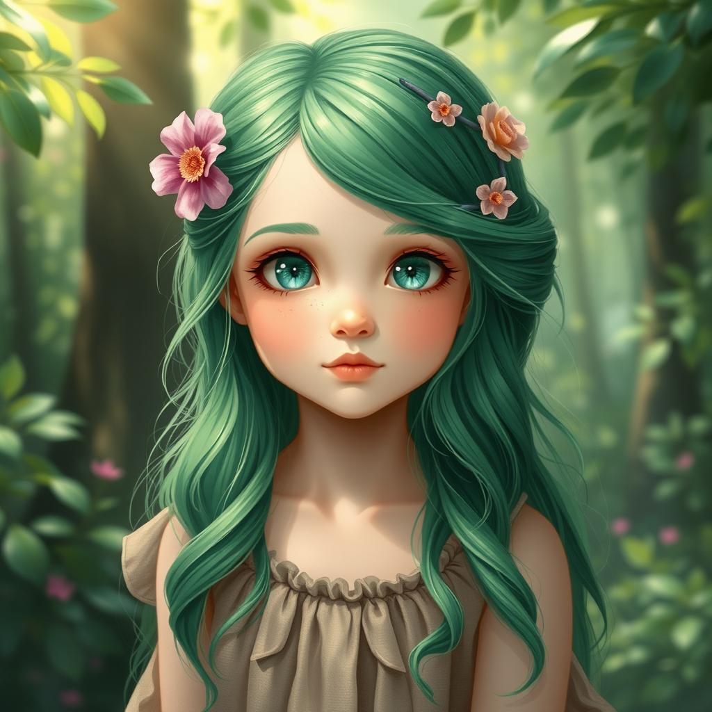 A whimsical portrait of a girl with striking green hair, styled in loose waves that cascade down her shoulders