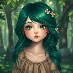 A whimsical portrait of a girl with striking green hair, styled in loose waves that cascade down her shoulders