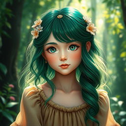 A whimsical portrait of a girl with striking green hair, styled in loose waves that cascade down her shoulders