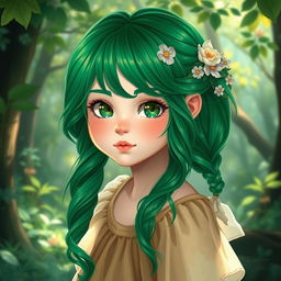 A whimsical portrait of a girl with striking green hair, styled in loose waves that cascade down her shoulders