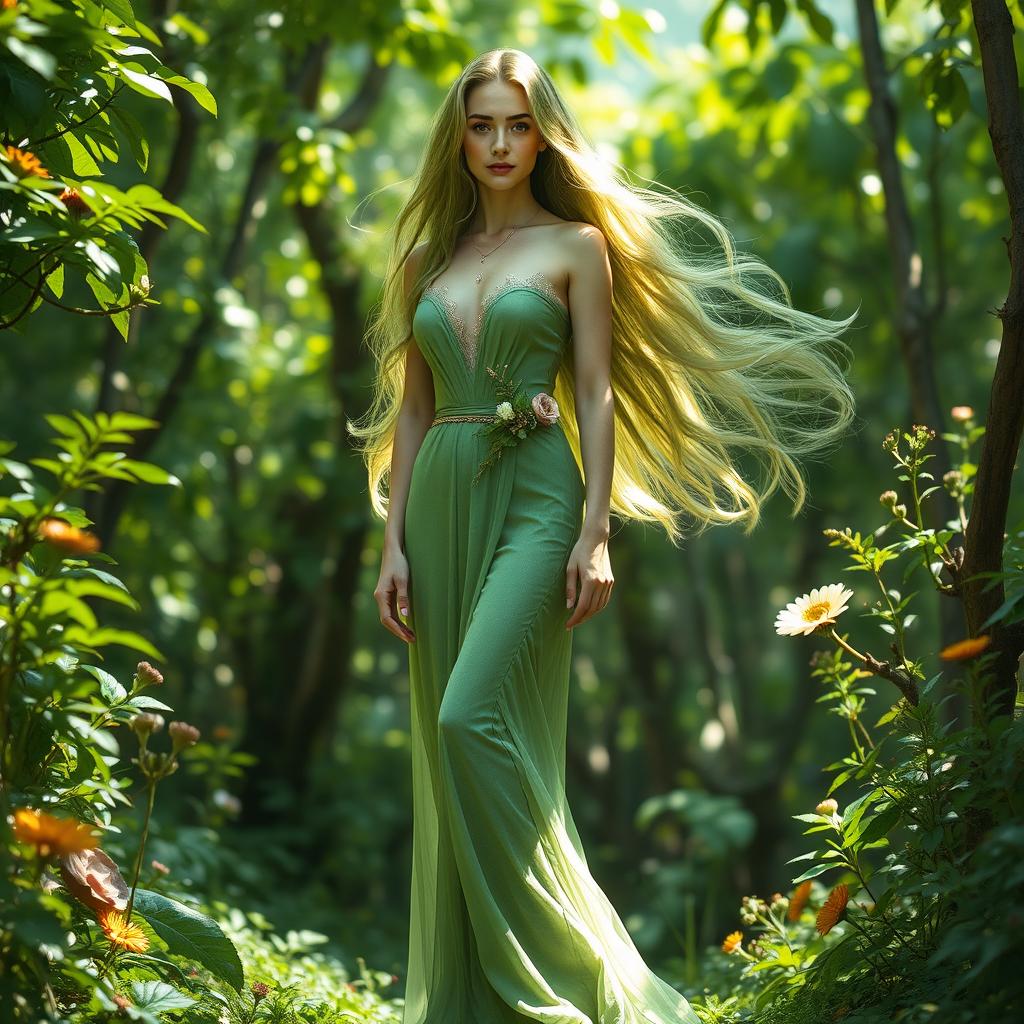 A tall woman with flowing green hair, dressed in an elegant, nature-inspired outfit that incorporates shades of green and floral elements