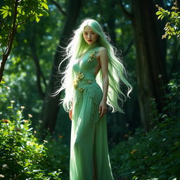 A tall woman with flowing green hair, dressed in an elegant, nature-inspired outfit that incorporates shades of green and floral elements