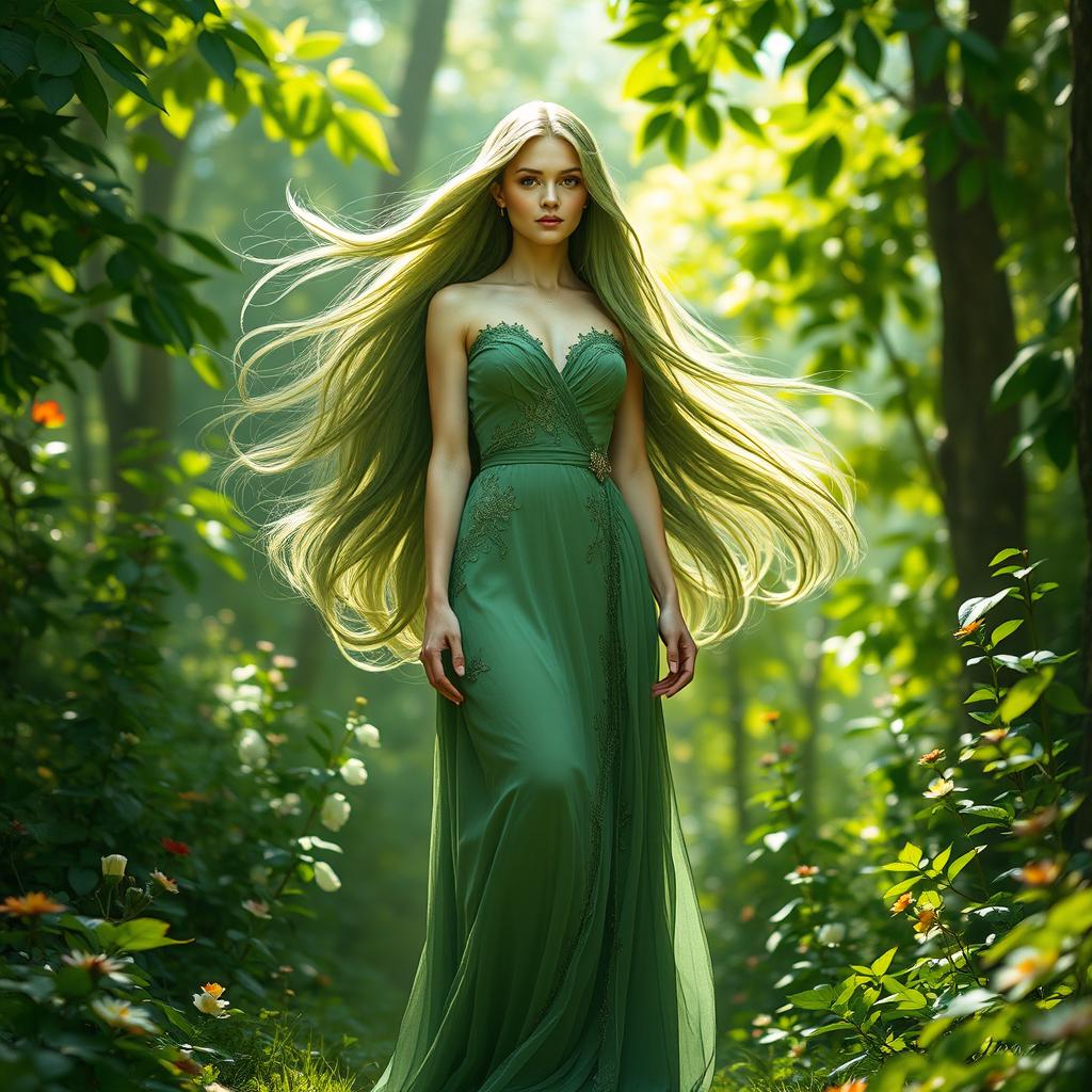 A tall woman with flowing green hair, dressed in an elegant, nature-inspired outfit that incorporates shades of green and floral elements