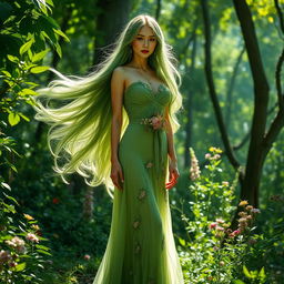 A tall woman with flowing green hair, dressed in an elegant, nature-inspired outfit that incorporates shades of green and floral elements